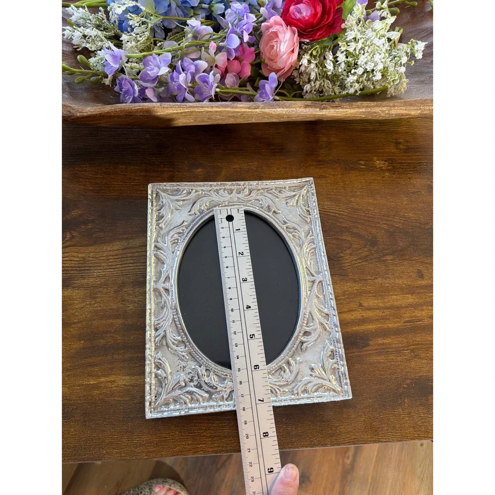 Vintage Ornate Silver Embossed Picture Frame Oval Opening Scrollwork Tabletop